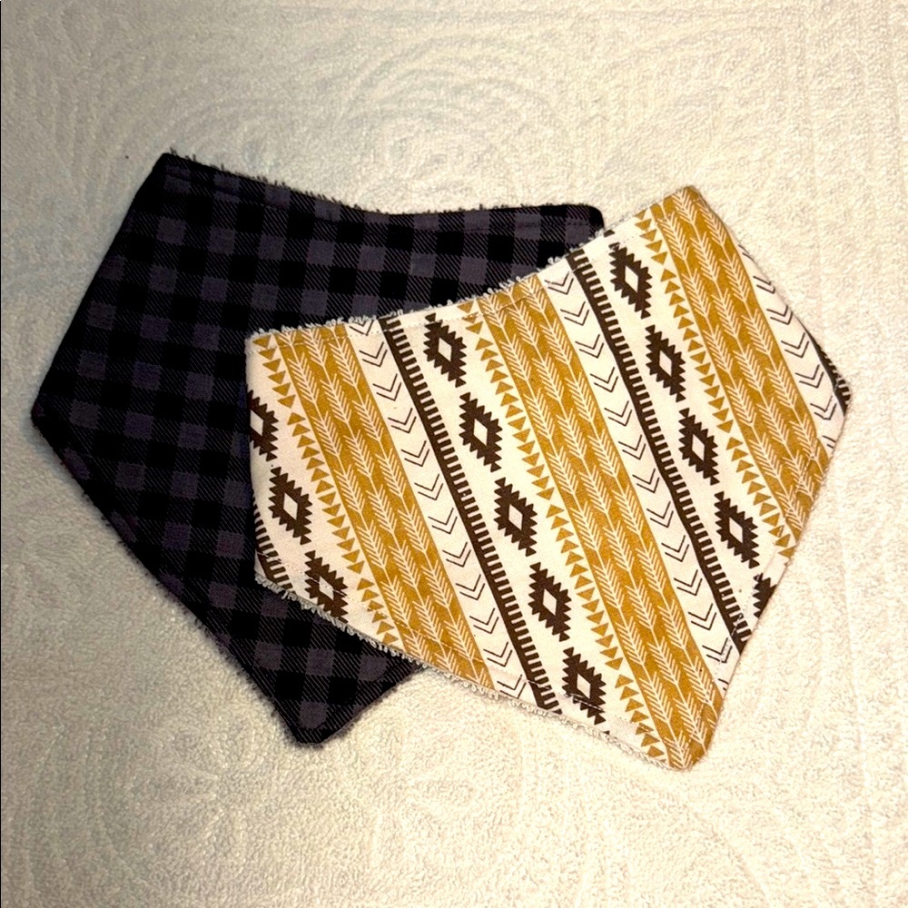 Reversible Bandana drool Bibs in Black Plaid and Tribal Print handmade